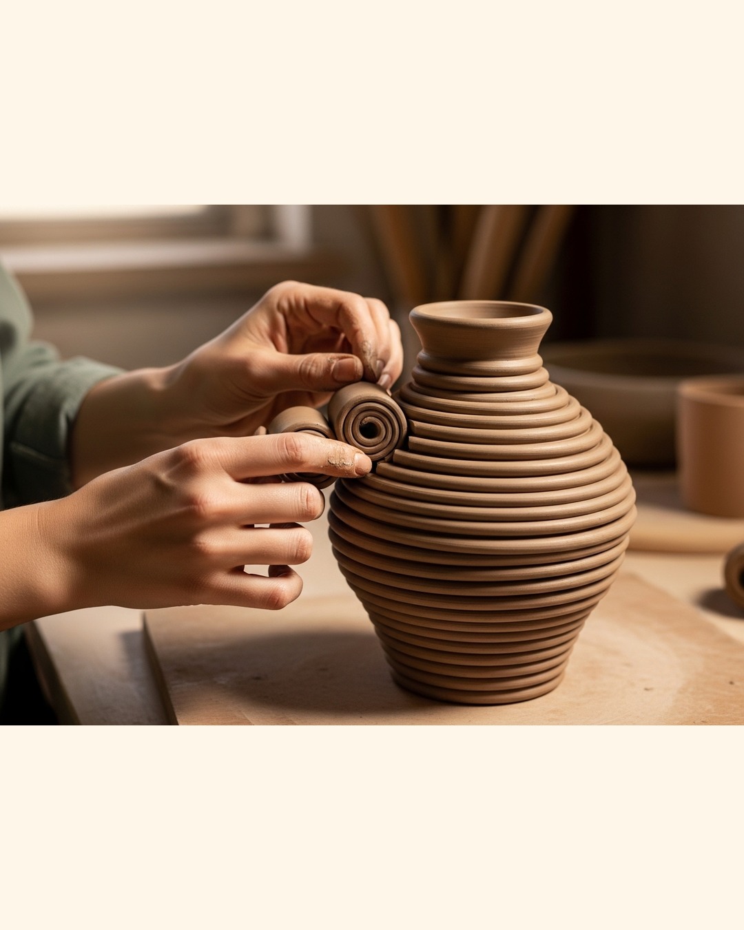 Vaso de cerâmica em construção pela técnica do acordelado